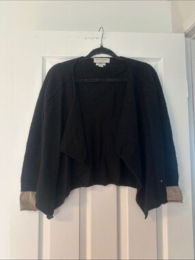 Black Open-Front Draped Cardigan with Tan Cuffs - Pure Cashmere